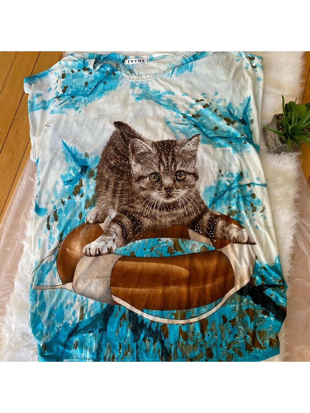 IVINI Women's Short Sleeve Top with Cat Print XL/XXL